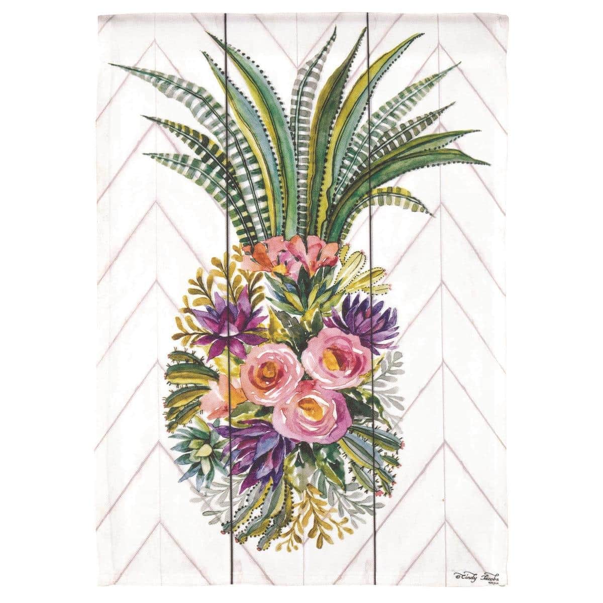 Floral Pineapple Garden Flag 13x18 printed design, vivid pineapple with surrounding flowers on durable outdoor polyester, top sleeve fits standard garden flag stand.