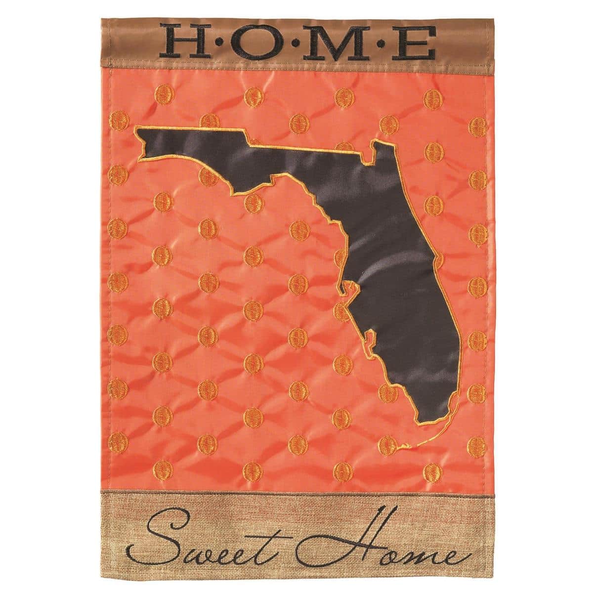 13x18 Florida Home Sweet Burlap garden flag double applique with state silhouette, Home Sweet lettering, and coastal accents displayed on a rustic burlap-texture background.