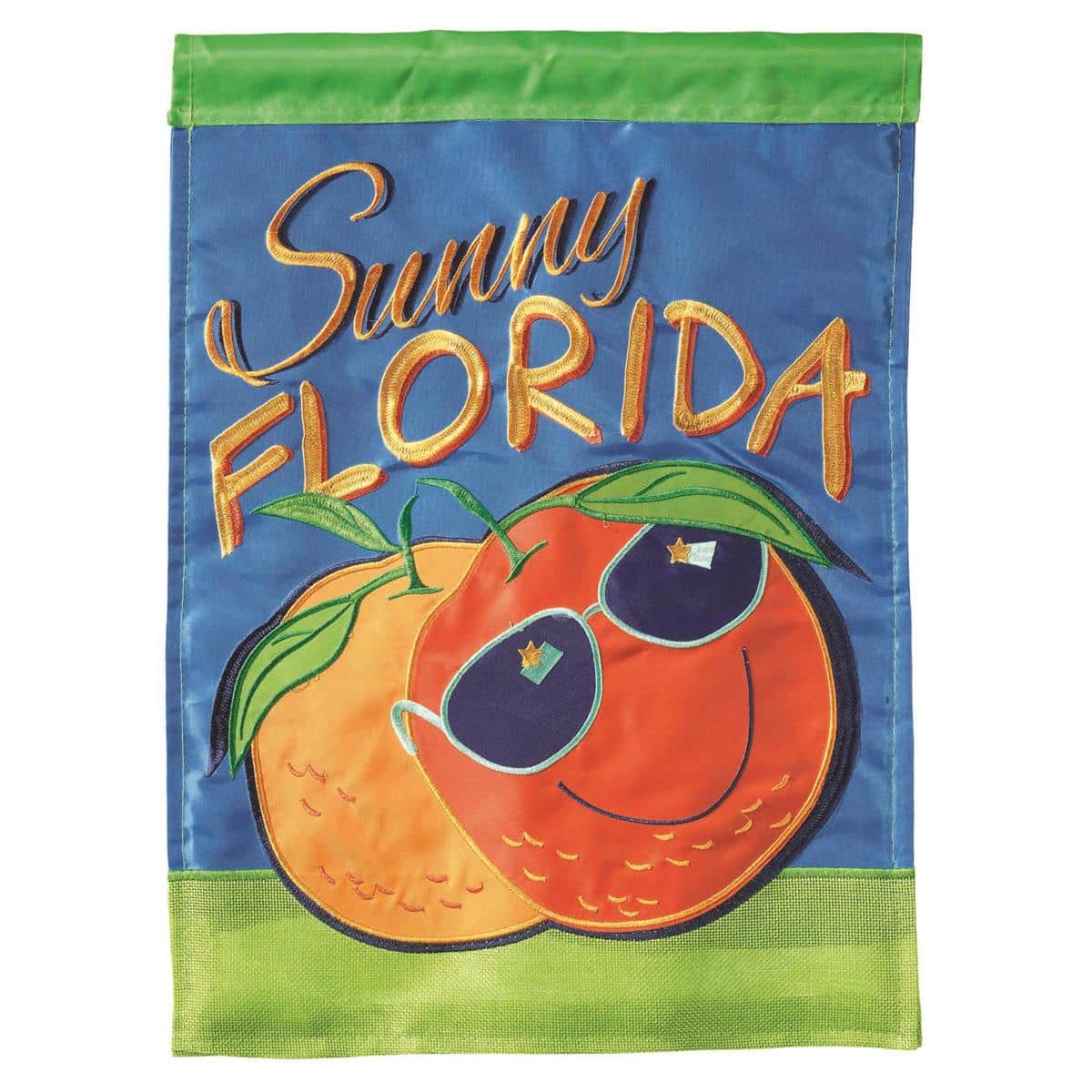 29x42 Florida Oranges Sunny double applique banner flag showing bright oranges, green leaves, and a warm sun motif on a blue background, displayed mounted on a porch pole.