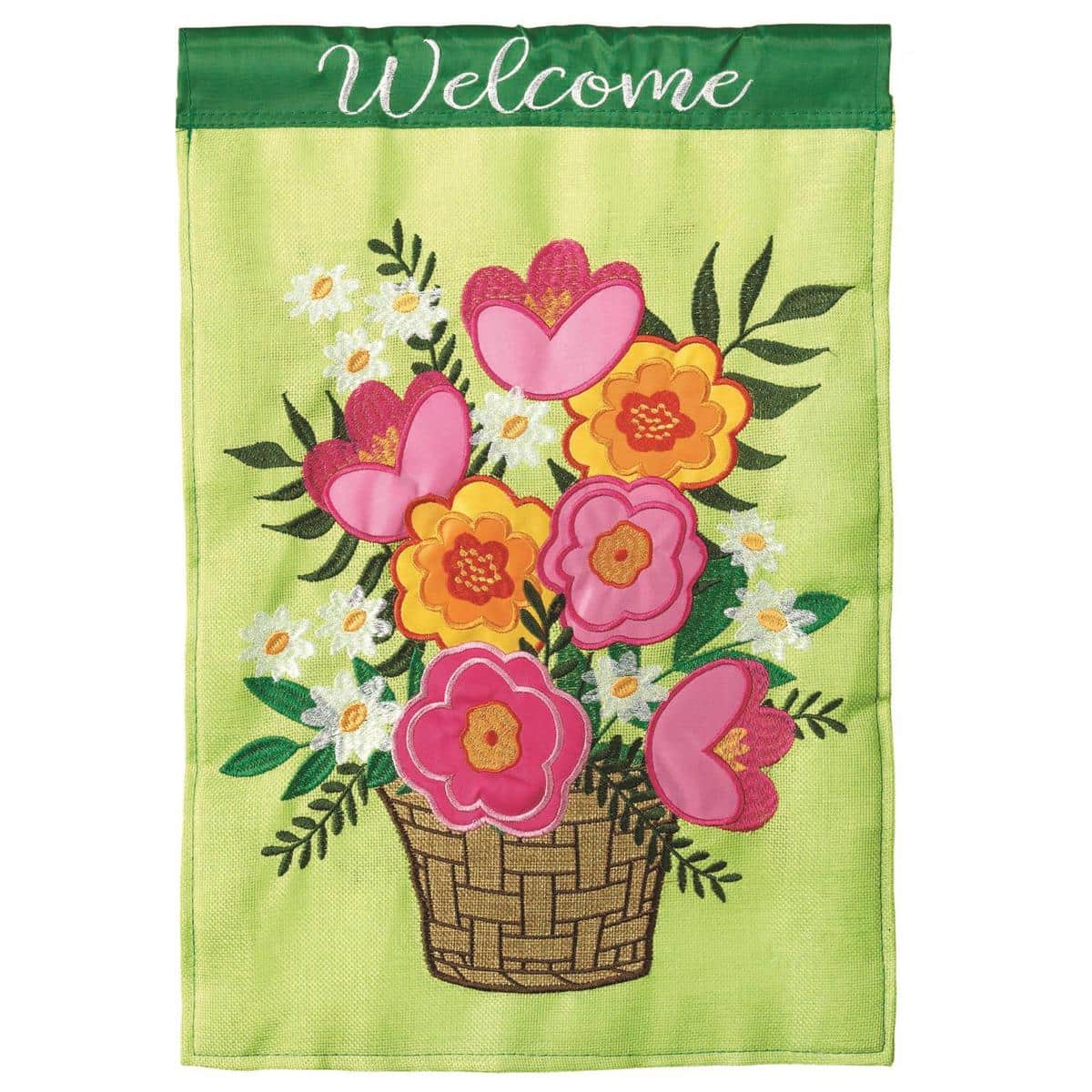 13x18 Flower Basket Burlap Garden Flag showing a woven basket of colorful flowers on natural burlap texture with layered applique stitching and reinforced pole sleeve, ideal for porch or garden