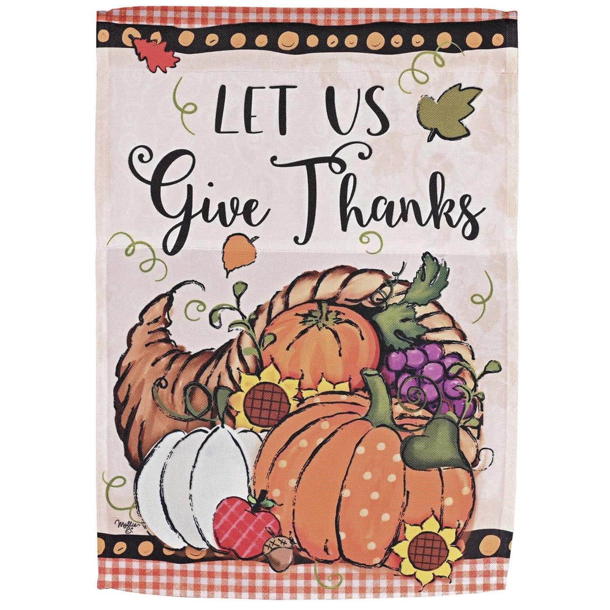 Folkart Let Us Give Thanks Thanksgiving printed flag on a porch, rustic fall hues and leaf accents, clear seasonal message and top pole sleeve for standard stands