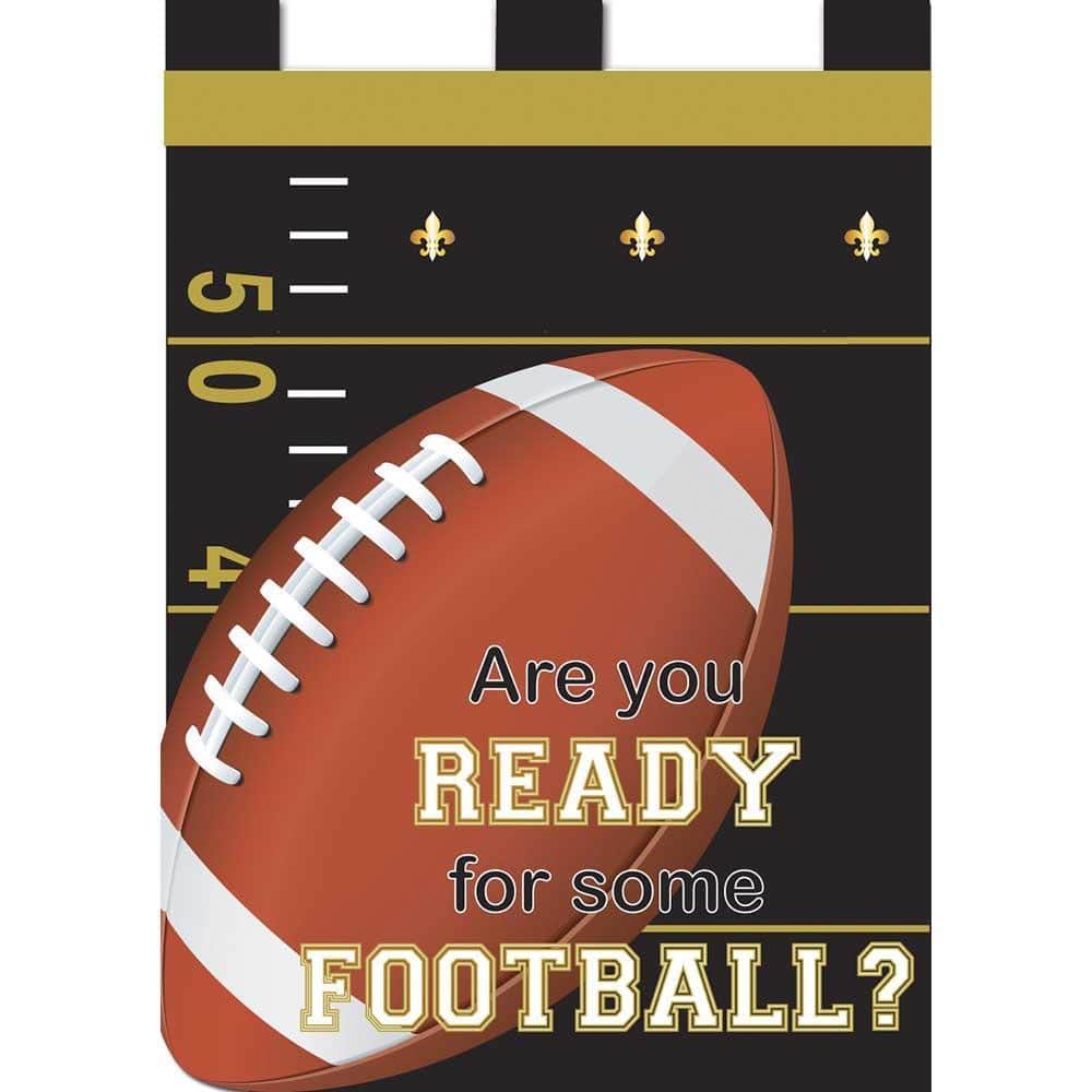 29x42 black and gold football double applique banner flag on a porch pole, two-sided house flag with reinforced sleeve and dense stitching