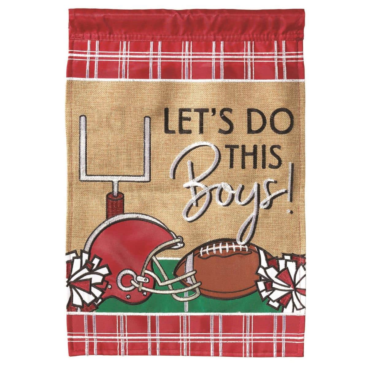 Double applique Football In AL Crimson White 13x18 garden flag displayed on a stand, football graphic and team-inspired colors, outdoor yard decor.