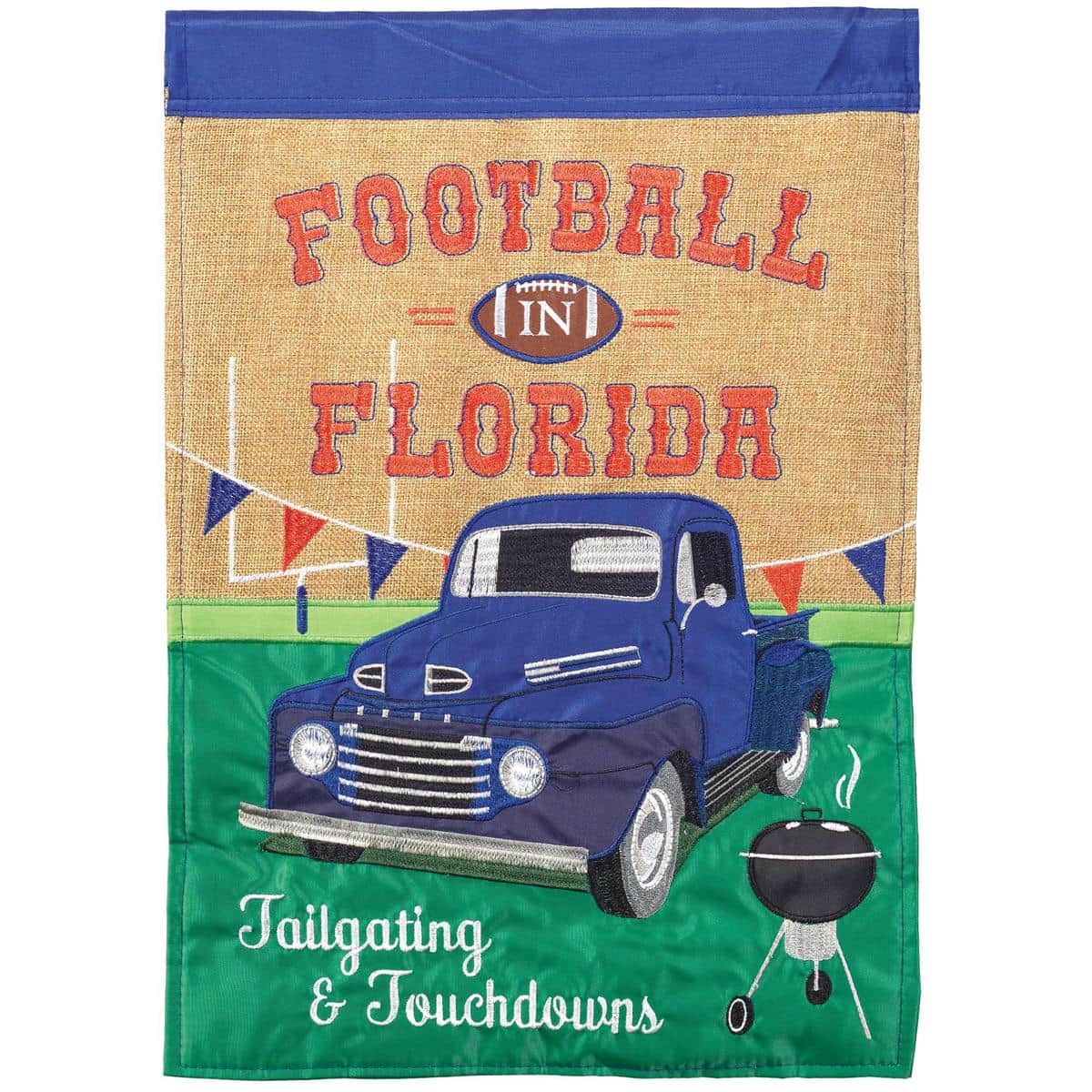 Blue burlap 13x18 garden flag with football inside Florida outline, double applique stitched design in bold blue for yard stake display.