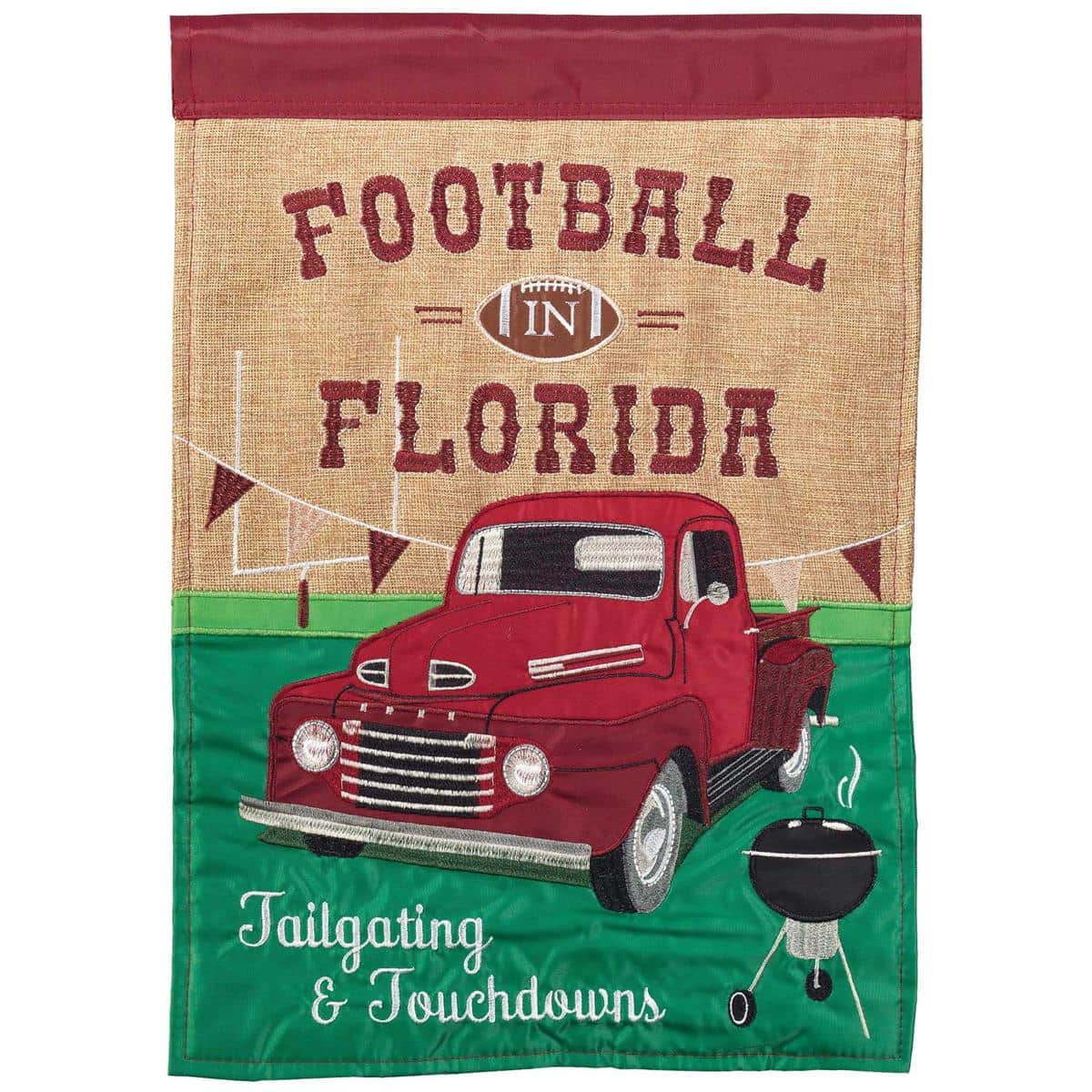 Main product image alt text: 13x18 garnet garden flag with applique Florida and football graphic in double-layer sports design for porch and yard display.
