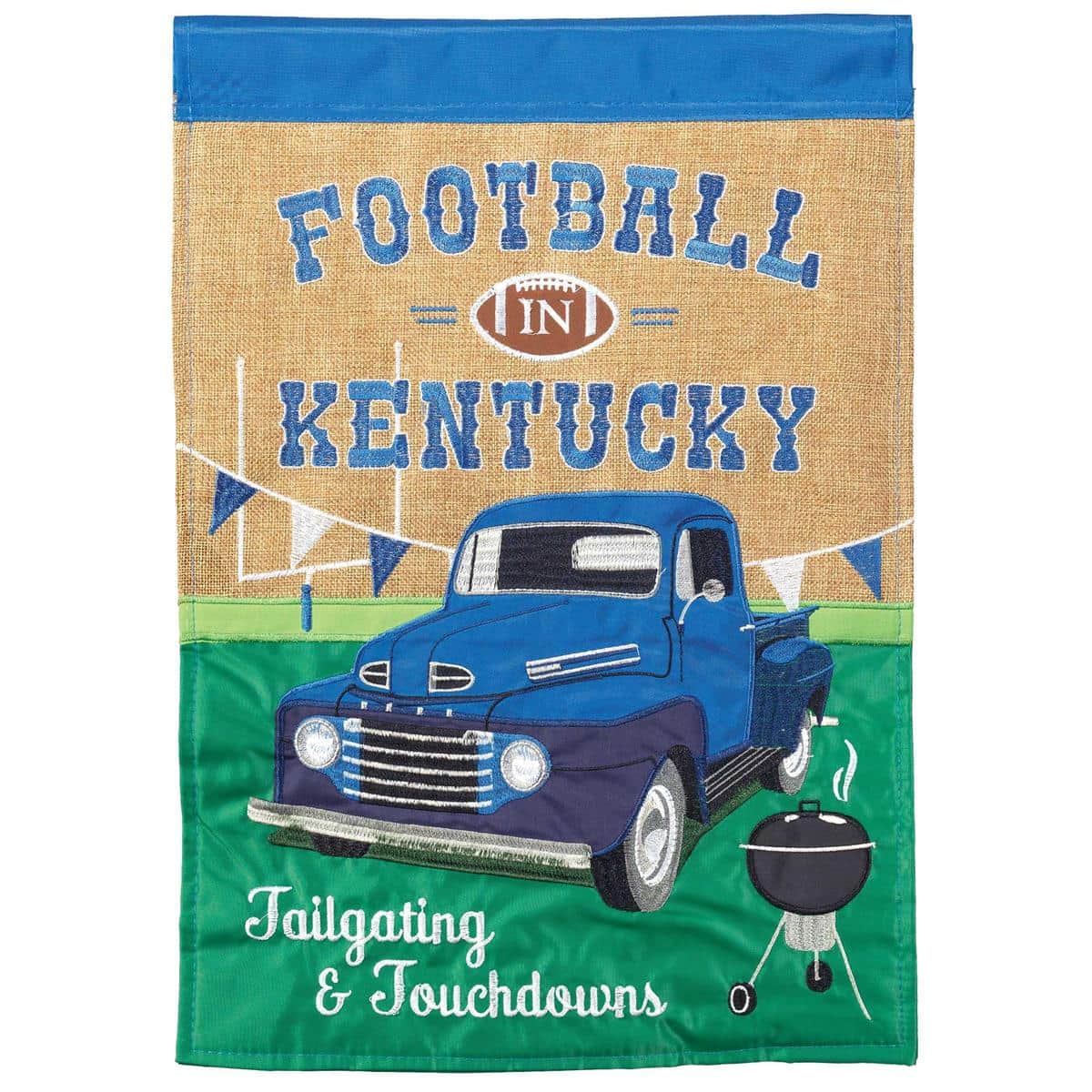 KY blue 13x18 football burlap garden flag with layered double applique, rustic texture, reinforced stitching, and a sleeve to fit standard garden flag stands.