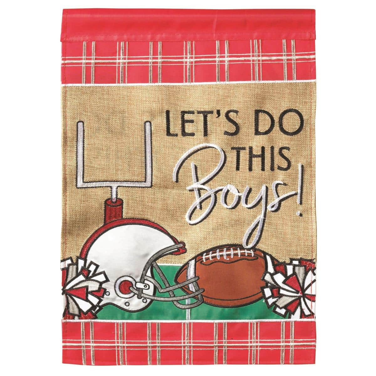 Red and gray Football In OH 13x18 double applique garden flag on a yard stand, bold football graphic visible on both sides for porch and walkway decor