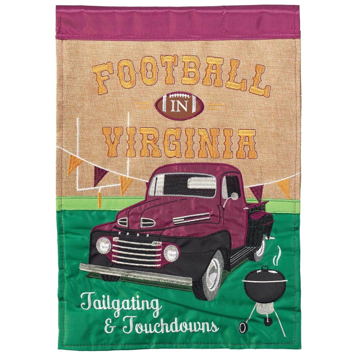 Maroon VA football garden flag 13x18 inches double applique sports design on a garden stand, rich maroon colors with reinforced pole sleeve and stitched applique details.