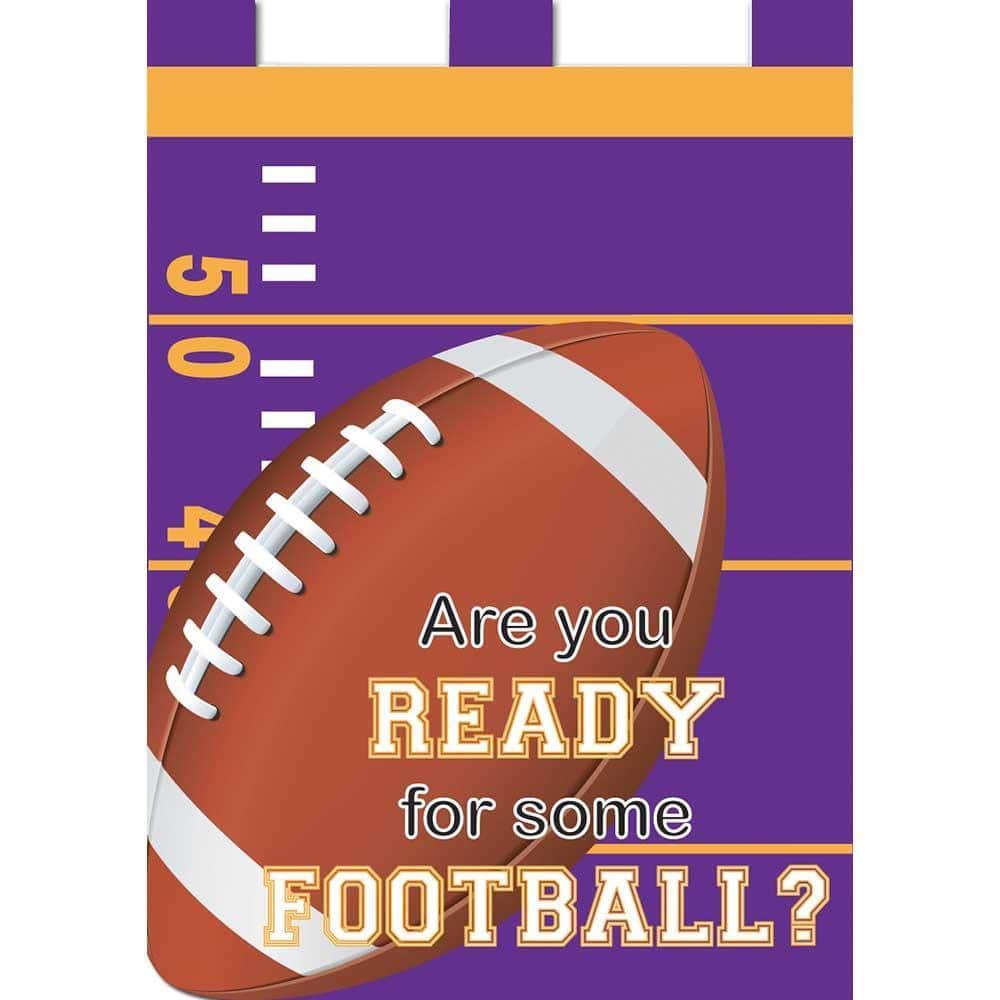 Double applique purple and gold football 13x18 garden flag shown on a front yard stand, two-sided design with stitched details, pole not included.