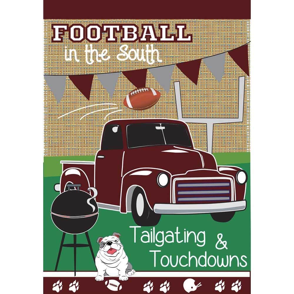Game day bulldog mascot banner flag 29 by 42 inches double applique on sturdy fabric shown flying at a tailgate with bold team colors and reinforced header for pole display.