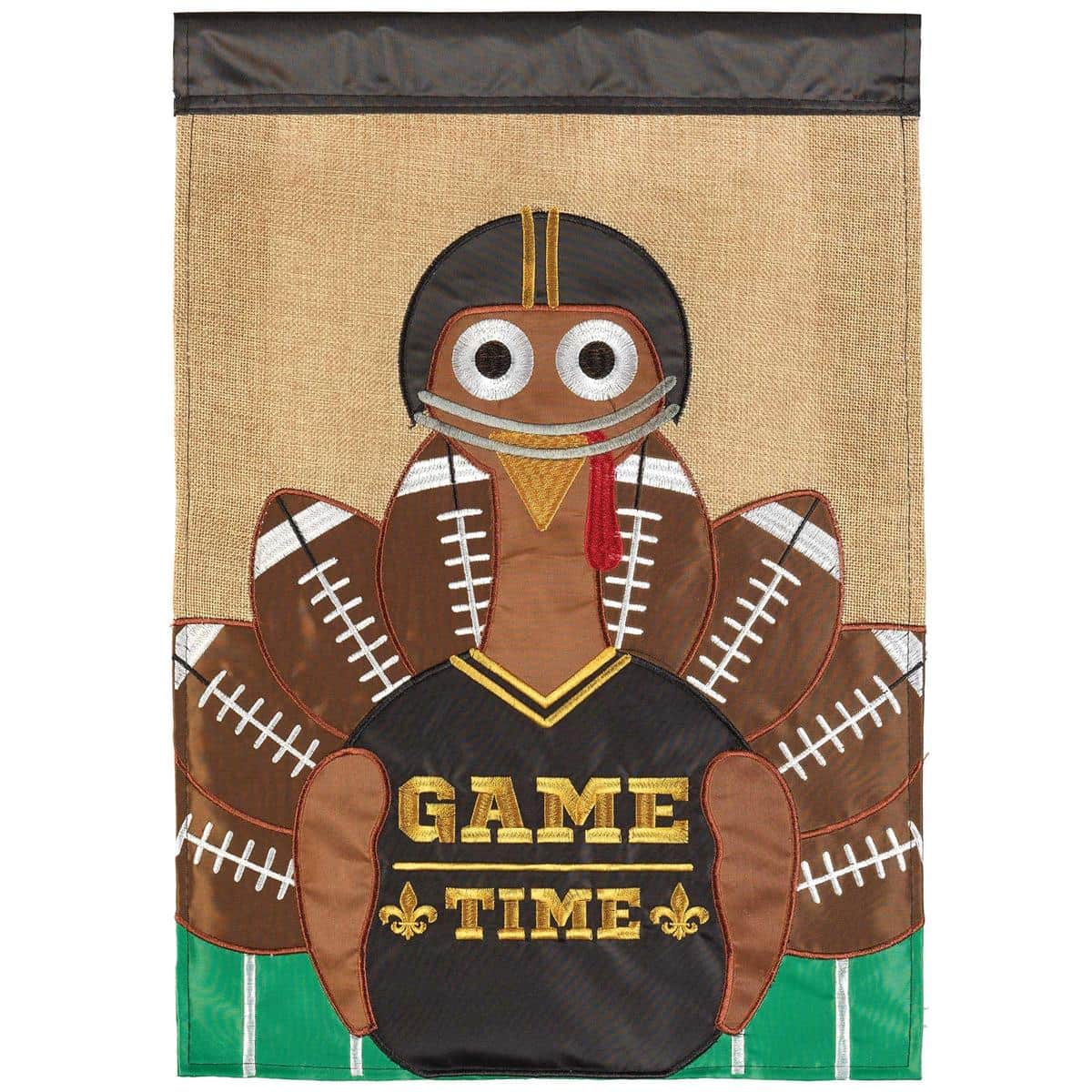 Alt text: Black and gold Football Turkey banner flag 29 by 42 inches double applique LA-Sports style displayed on a porch pole for game day and Thanksgiving.