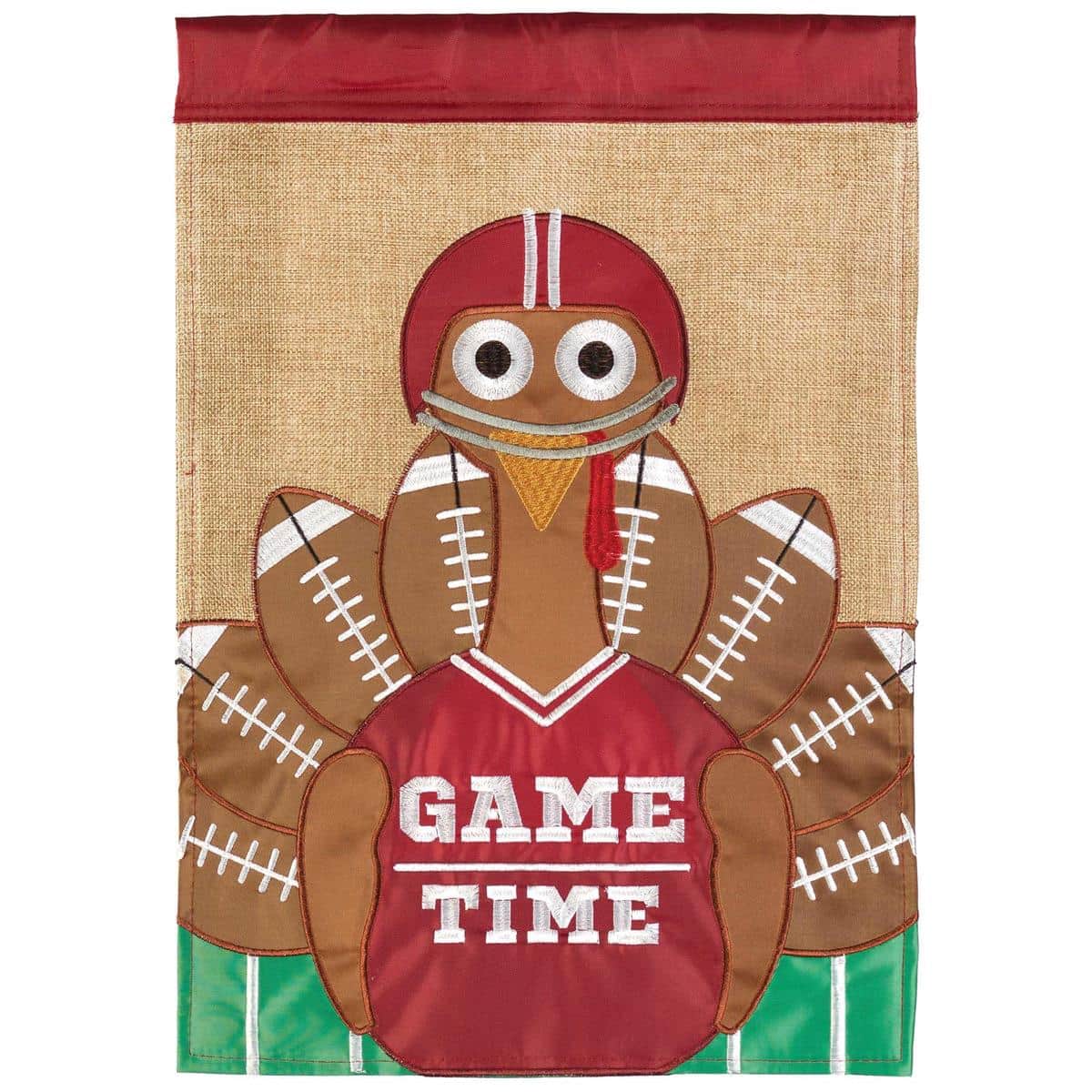 Maroon garden flag featuring a playful turkey in football theme, double applique, 13x18 inches, outdoor yard decor for autumn and game days