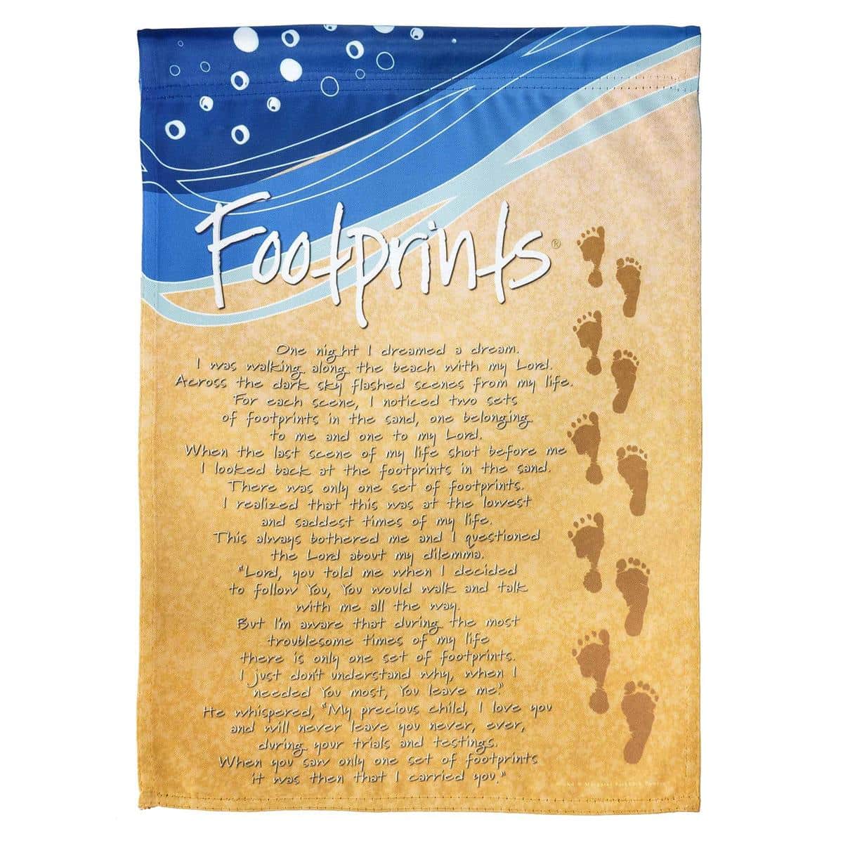 Main image of 13x18 Footprints garden flag hanging from a decorative metal yard pole showing a sandy footprint motif and calm beach-inspired tones in a green garden setting.