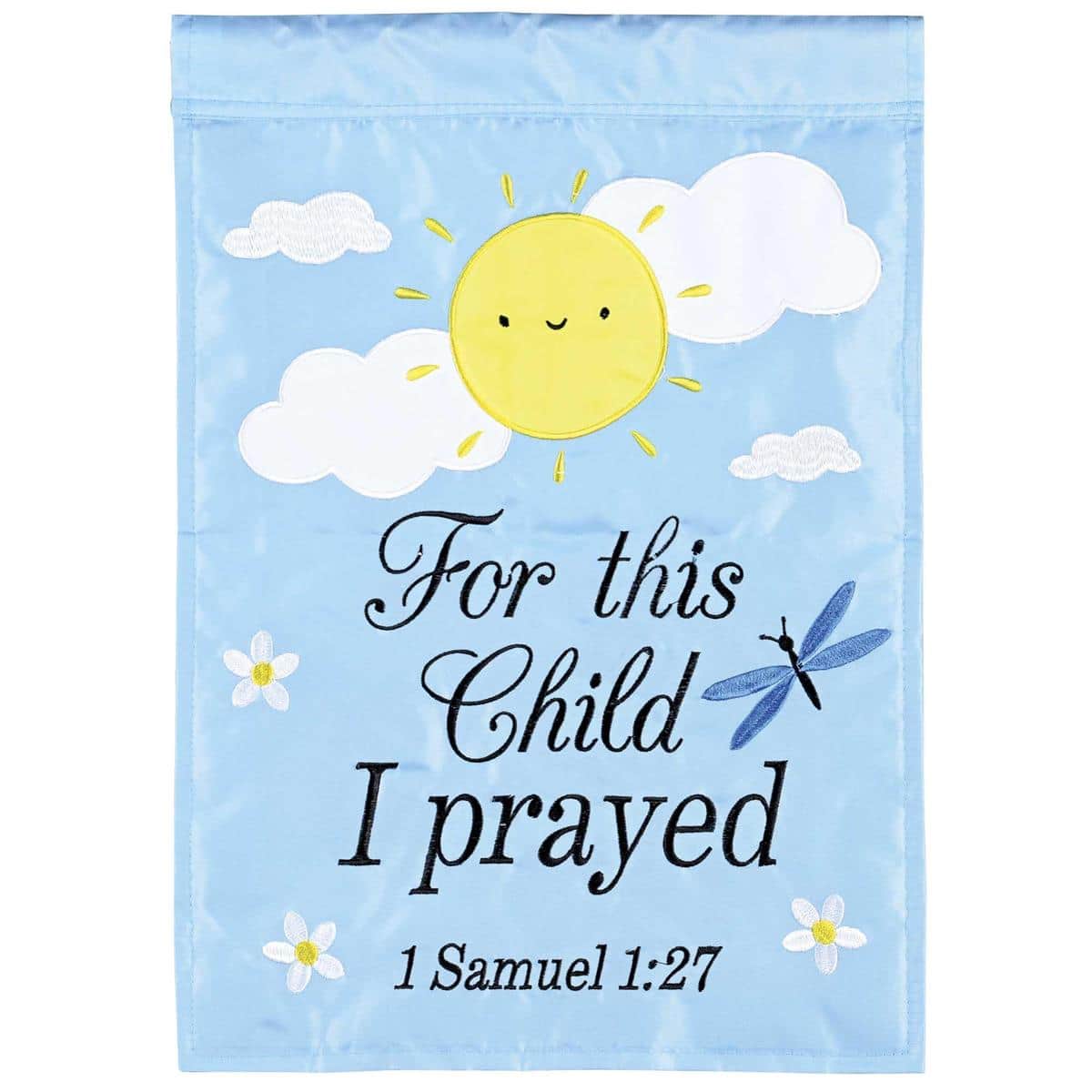 Blue For This Child I Prayed double applique 13x18 baby garden flag with embroidered lettering and layered fabrics, displayed on a standard yard flag stand