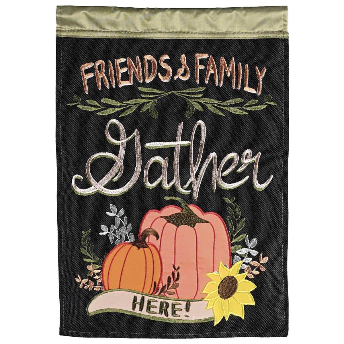 Friends & Family Gather Here fall double applique 13x18 garden flag with autumn leaves and cozy harvest tones, outdoor display sleeve, readable from both sides.