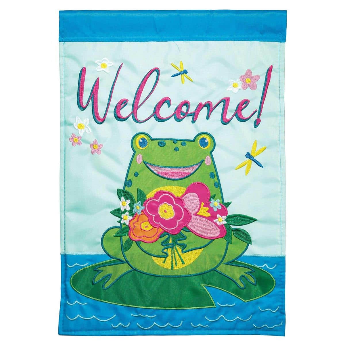 13x18 waterfront frog welcome garden flag double applique, colorful frog on lily pad, 'Welcome' text, durable outdoor polyester fabric ideal for porch or garden display.