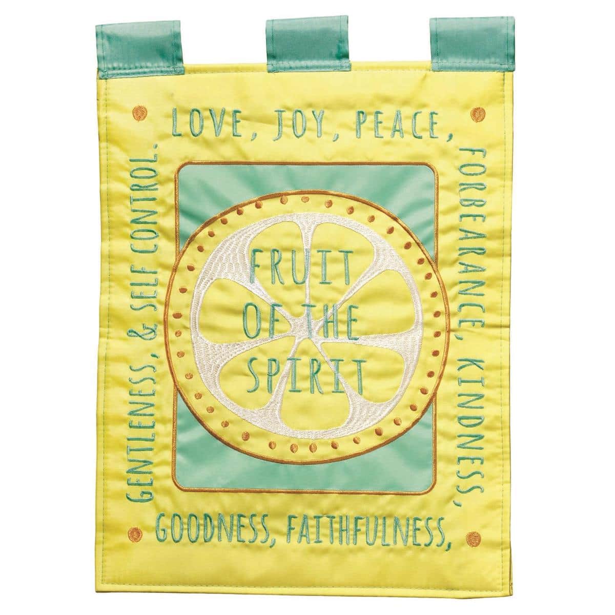 Double applique Fruit Of The Spirit 13x18 inspirational garden flag showing colorful fruit icons and stitched virtues, readable on both sides and built for outdoors