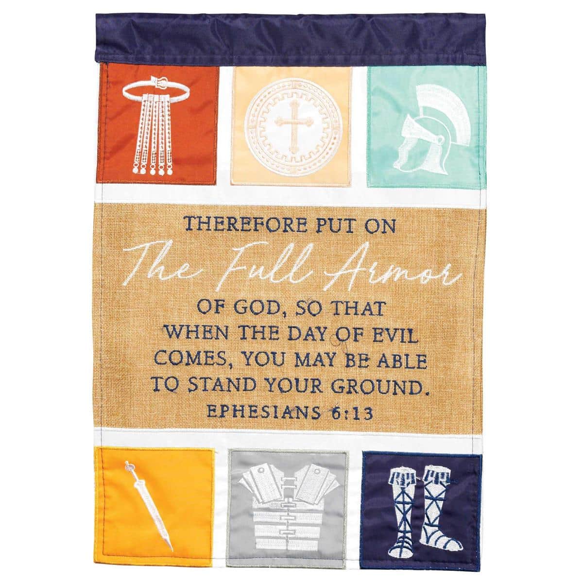 13x18 Full Armor of God double applique Christian garden flag with armor motif and Ephesians 6 inspiration, two-sided design, colorfast fabric, reinforced top sleeve.