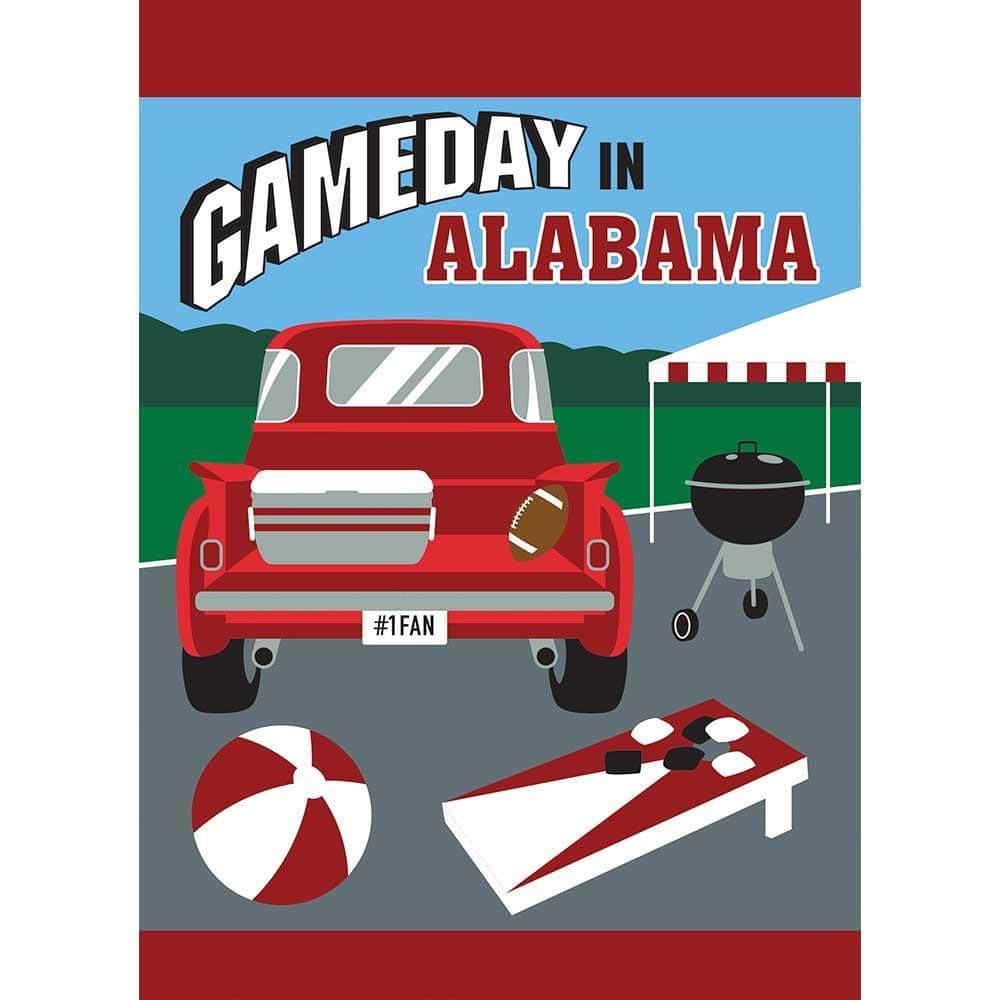Alabama Crimson white 13x18 double applique garden flag on a metal stand, sports themed yard sign with bold crimson and white layers against greenery