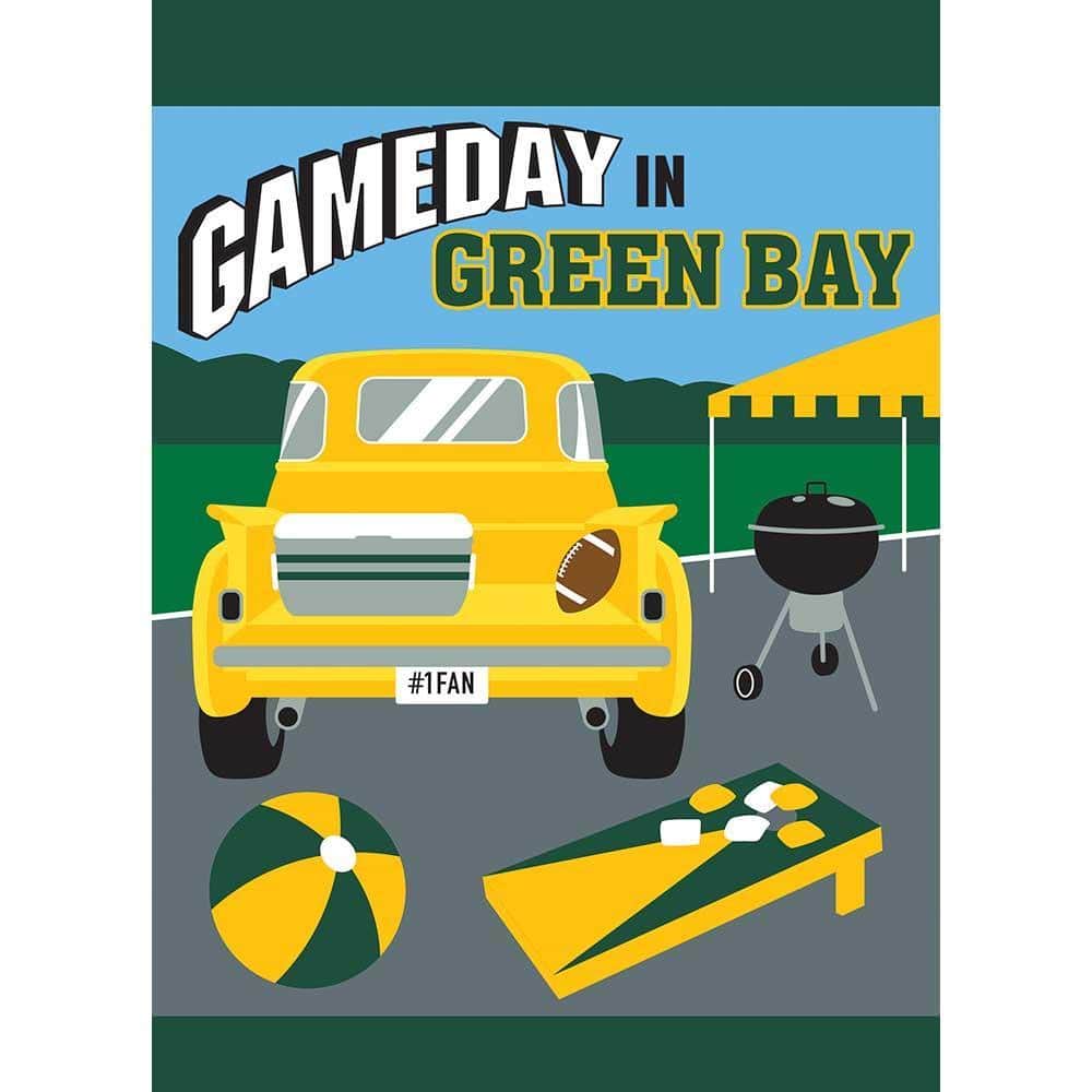 13x18 Green Bay gameday garden flag in green and gold with double-applique team graphics mounted for lawn display.