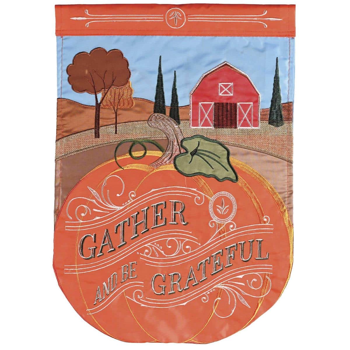 29x42 Gather And Be Grateful double applique fall banner flag with autumn lettering, warm harvest colors, and pole sleeve for front porch display