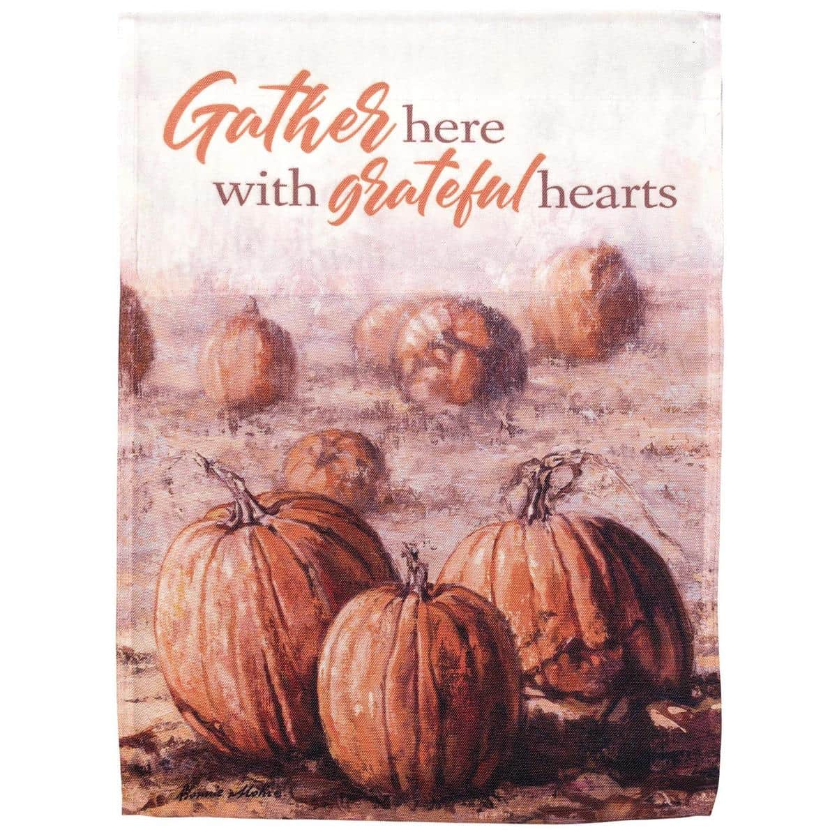 13x18 Gather Here With Grateful Thanksgiving garden flag printed on durable outdoor fabric with autumn leaves, pumpkins, and welcoming script perfect for porch or lawn display