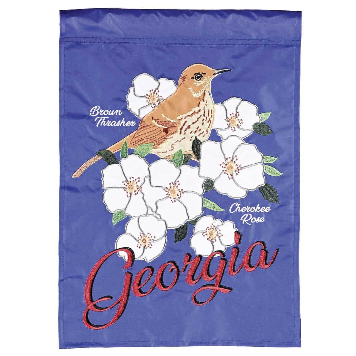 13x18 Georgia Brown Thrasher garden flag featuring layered double applique bird design on a regional style background, displayed on a small garden pole for porch or yard.