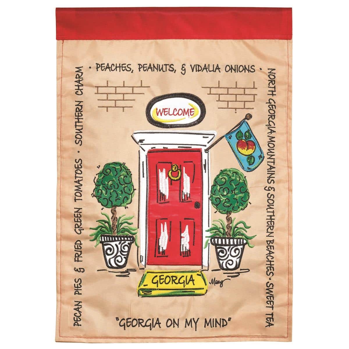 13x18 Georgia front door garden flag double applique with peach and magnolia motifs and scripted 'Georgia' welcome, durable outdoor polyester displayed on a standard garden flag pole.