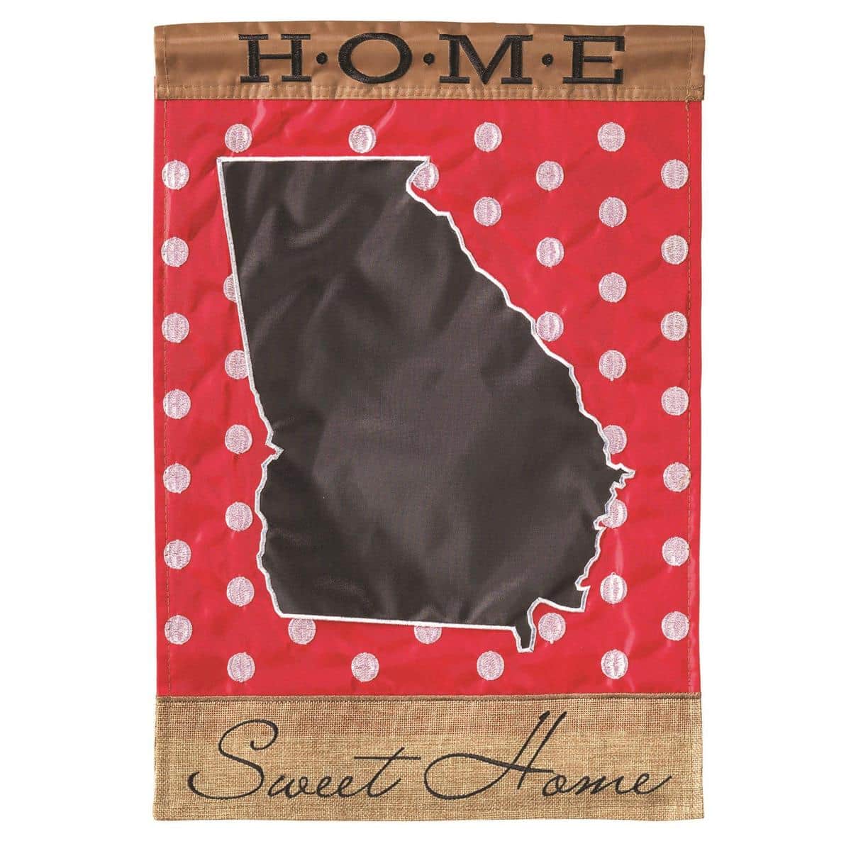 13x18 Georgia Home Sweet burlap garden flag with double applique state silhouette and "Home Sweet" lettering on rustic textured fabric displayed on a porch flag stand for welcoming decor.