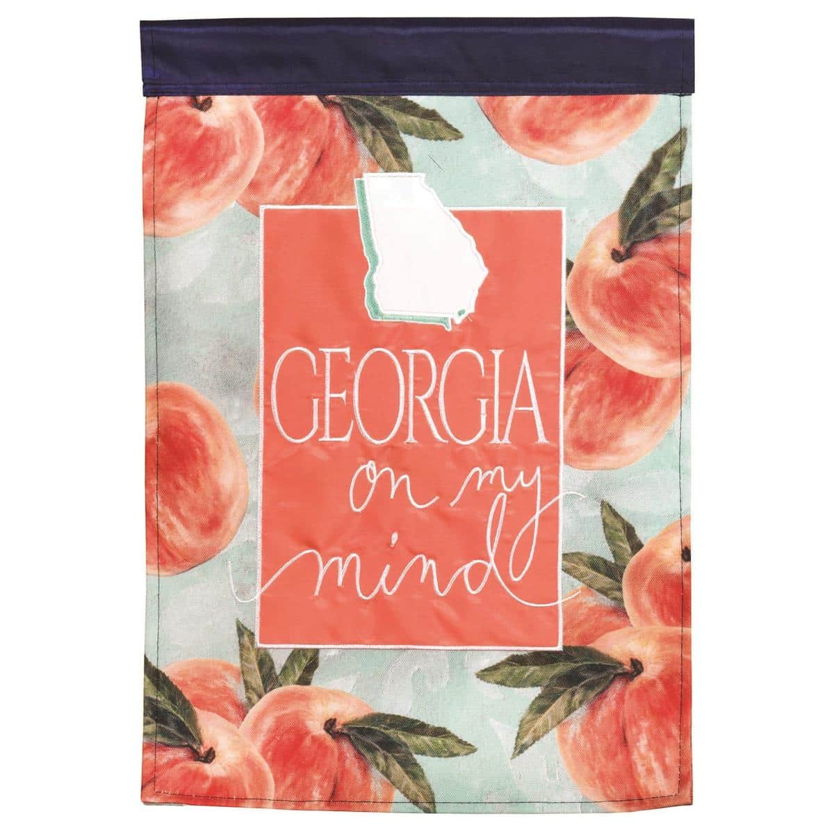 Close-up image of the Georgia Peaches Garden Flag 13x18 showing layered double-applique peach motifs, stitched edges, colorfast fabric textures, and reinforced top sleeve for garden flag pole display