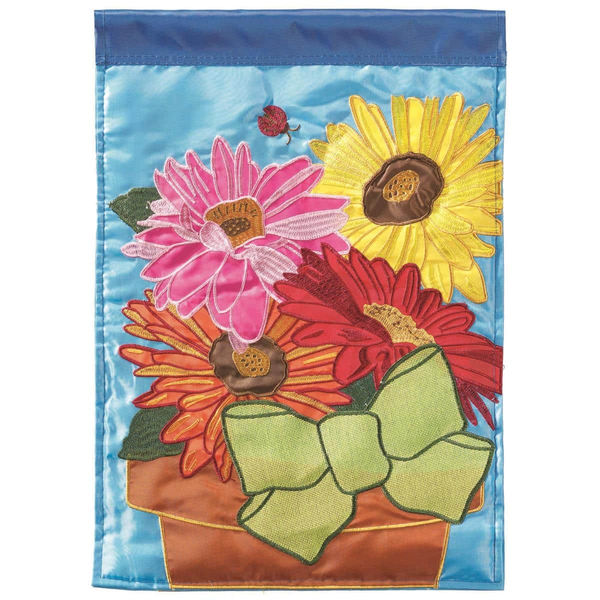 13x18 Gerbers In Pot double applique garden flag showing bright gerbera flowers in a decorative pot on a compact garden flag suitable for porch, lawn, or patio display.