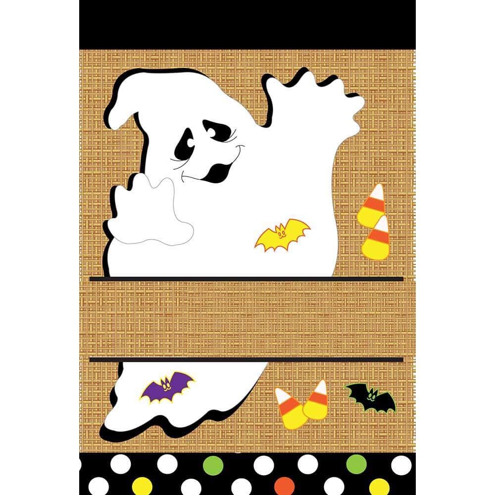 13x18 ghost burlap garden flag with blank ghost motif and double applique stitching on a rustic burlap background for fall and Halloween outdoor display.