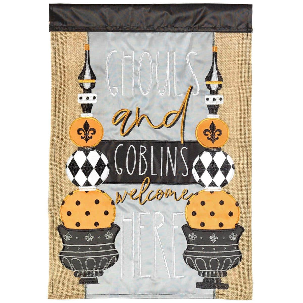 Ghouls And Goblins Welcome 29x42 double applique Halloween banner flag hanging on a porch with layered stitching and wide top pole sleeve