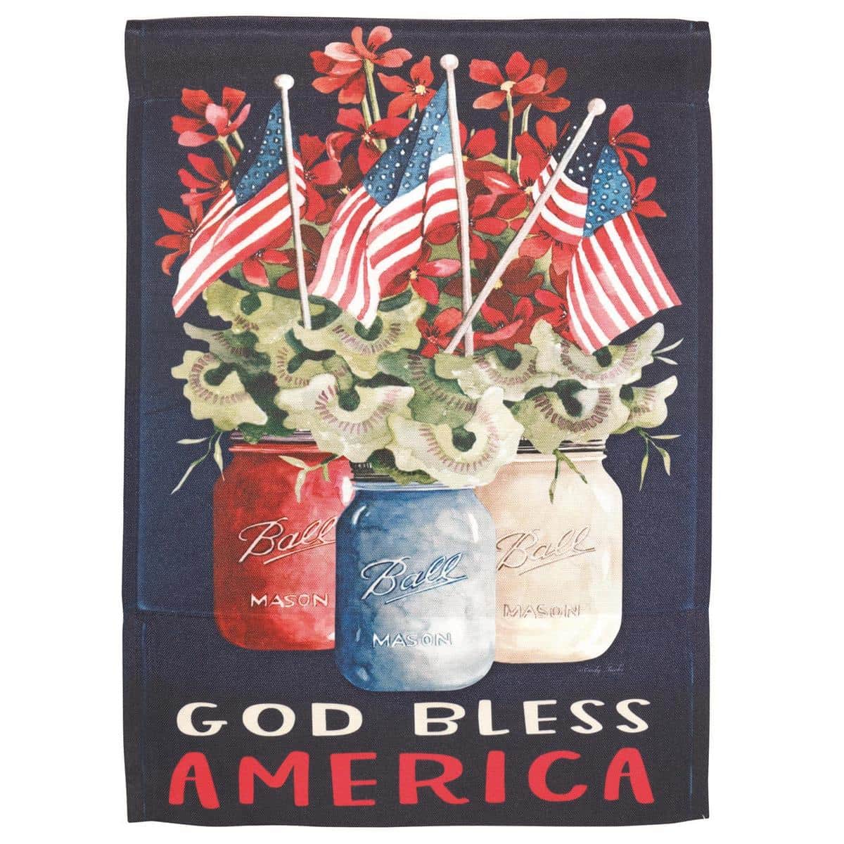 13x18 God Bless America Jars printed garden flag showing mason jars with stars and stripes, bold red white and blue patriotic design for yard display on a garden flag pole.
