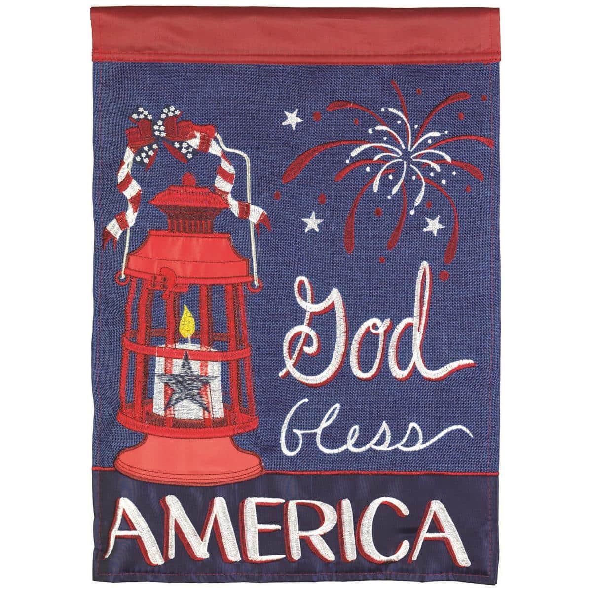 Main product image showing a 29x42 God Bless America lantern banner flag with double applique stars, stripes, and prominent lantern motif in red white and blue, displayed on a porch rail against a neutral house background.
