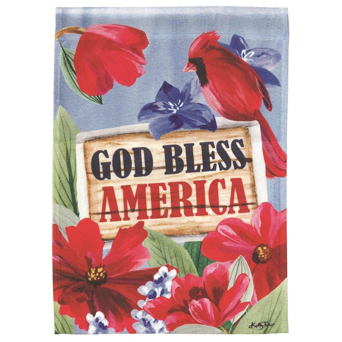 Close-up of God Bless America Redbird 13x18 printed garden flag showing a redbird illustration, stars, and bold God Bless America lettering on a patriotic background suitable for garden display.