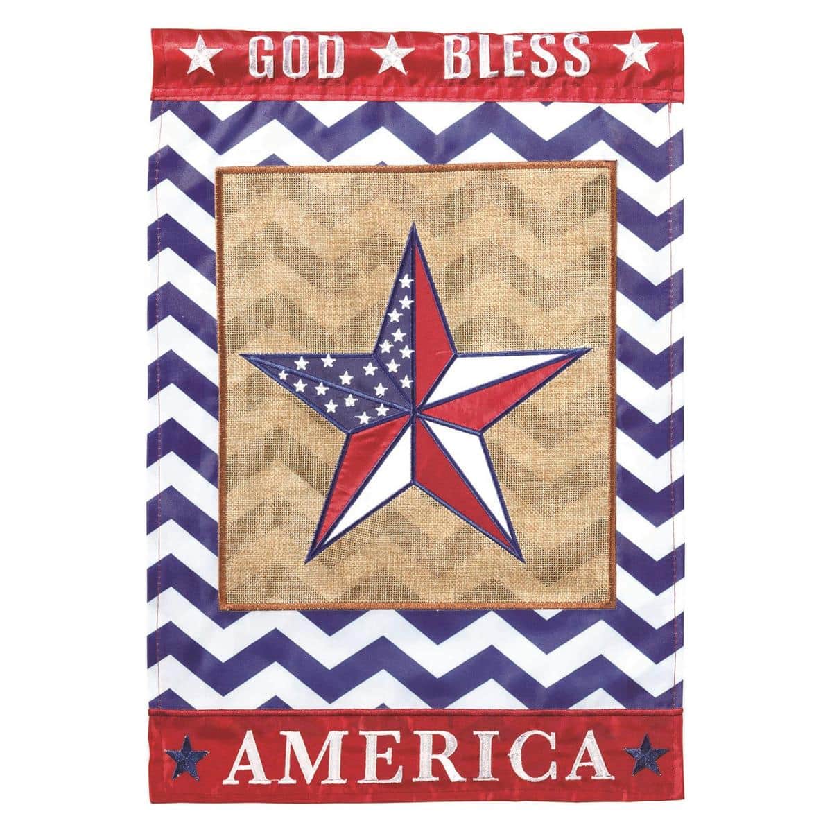 29x42 God Bless America Star Banner Flag with double applique stars and embroidered "God Bless America" lettering in red white and blue, shown on a porch pole