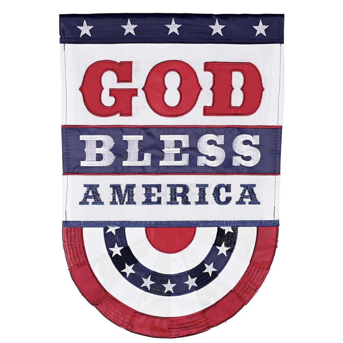 Close-up of God Bless America patriotic double applique flag showing layered red, white, and blue lettering and stars, outdoor-ready and readable both sides