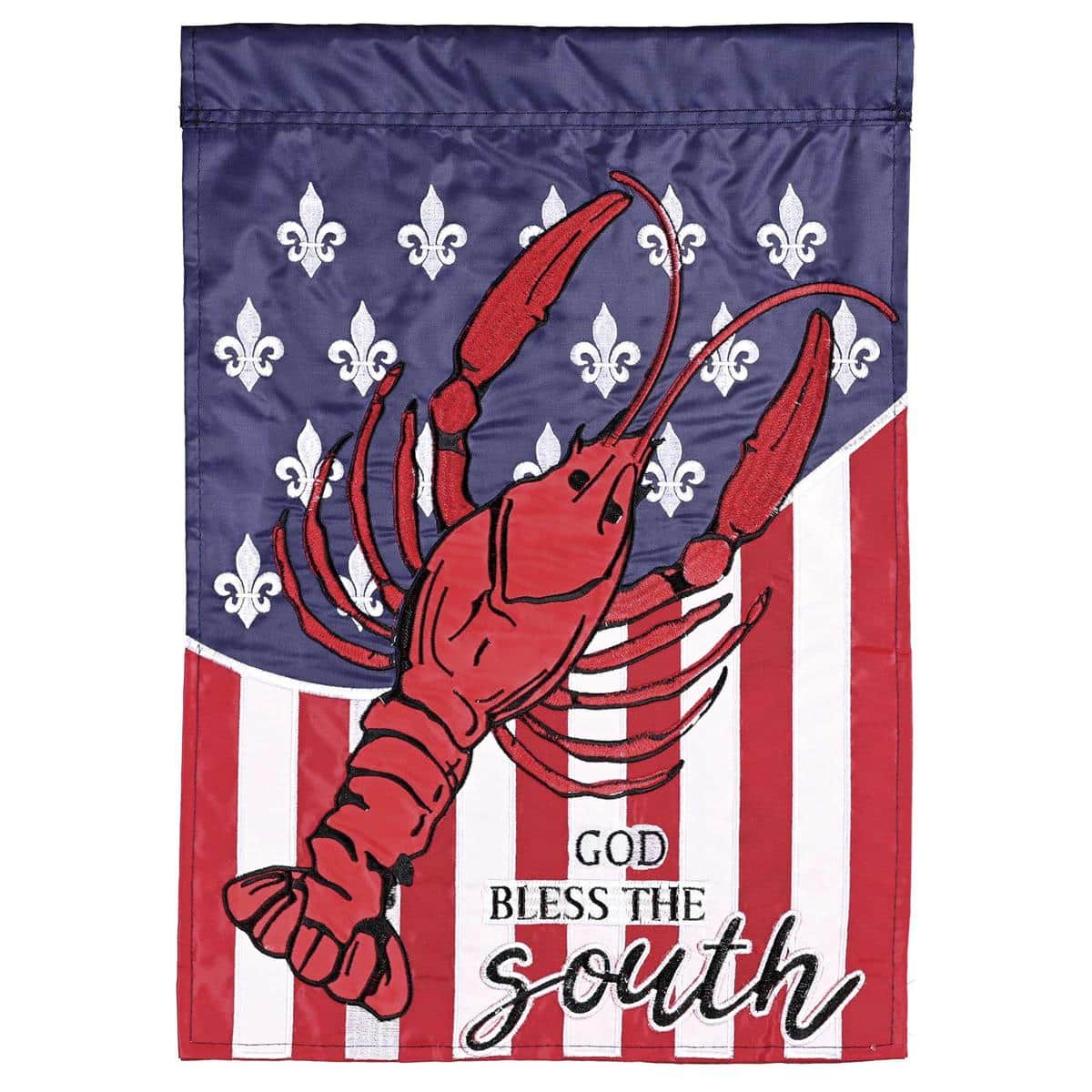 God Bless The South 13x18 double applique garden flag photographed on a farmhouse porch with rustic planters, featuring raised script, stars, and patriotic color accents in red white and blue tones suitable for outdoor display