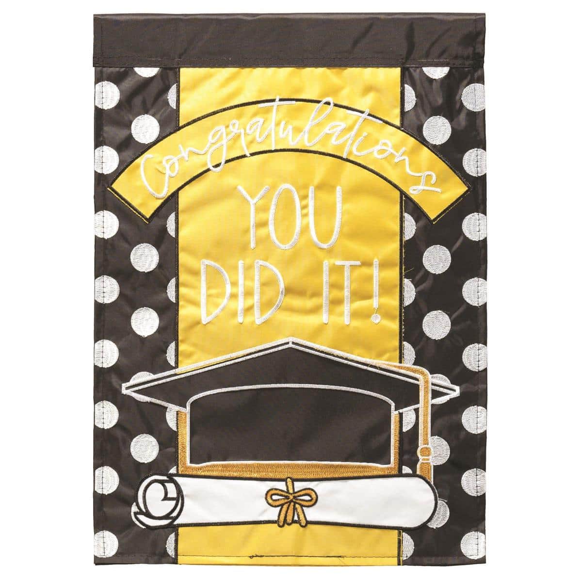 29x42 Graduation Cap Banner Flag with layered applique mortarboard, gold tassel accents, diploma motif and reinforced pole sleeve on durable 300 denier polyester for graduation celebrations and displays.