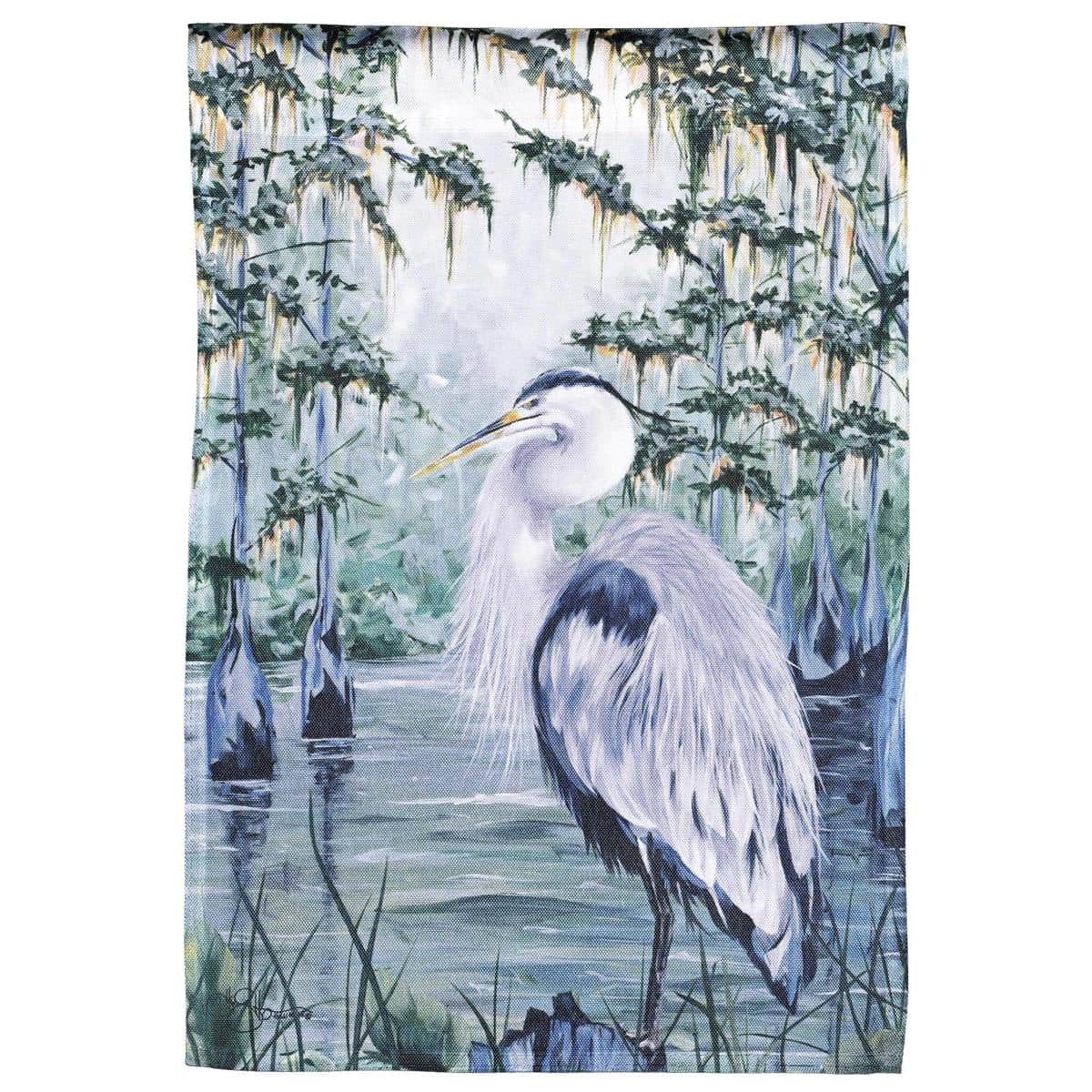 Great Blue Heron garden flag 13x18 printed birds artwork on fade resistant polyester with reinforced sleeve, ideal for yard, porch, path, or lake house coastal decor