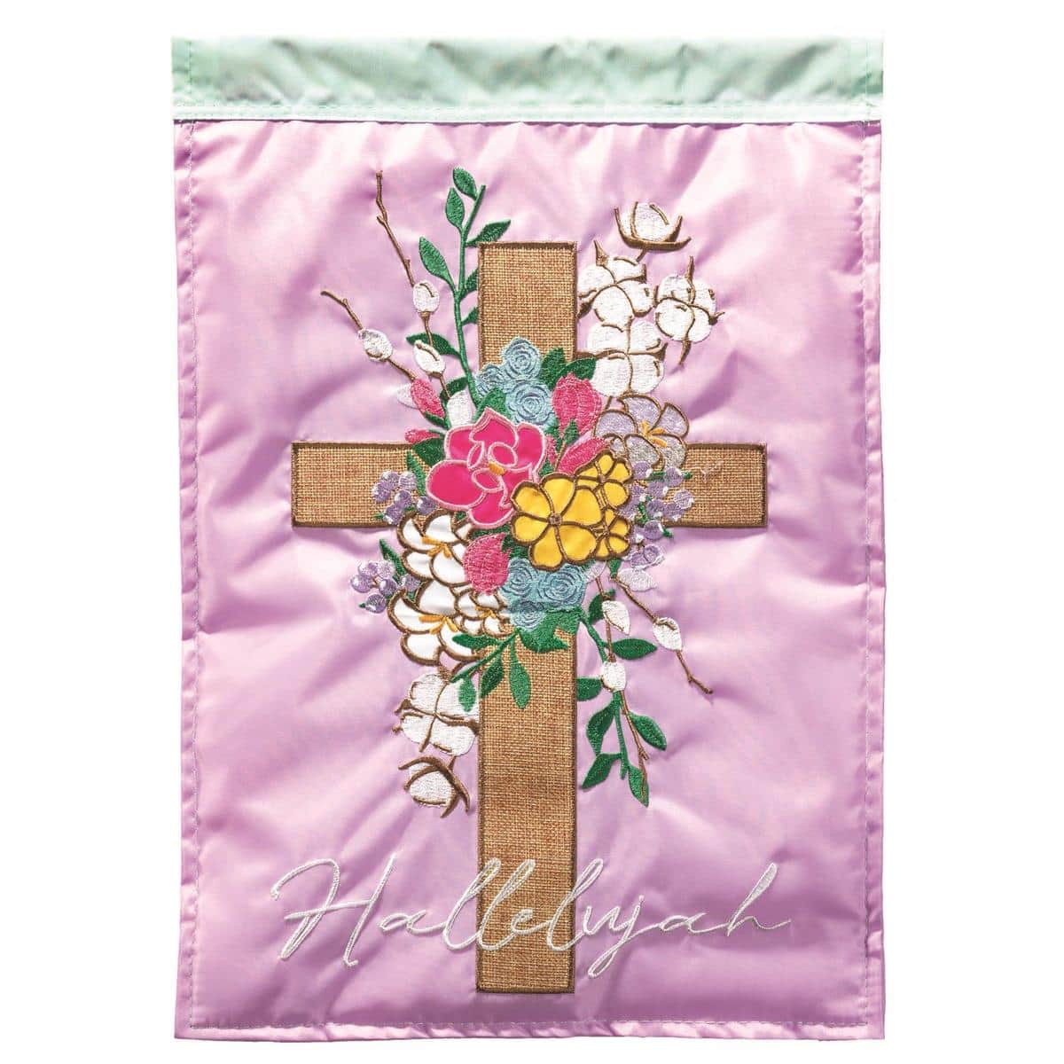 Alt text for the main product image (must be unique vs the meta description): 13x18 Hallelujah Cross cotton garden flag with layered double applique cross and Hallelujah lettering displayed on a porch flagpole among spring flowers.