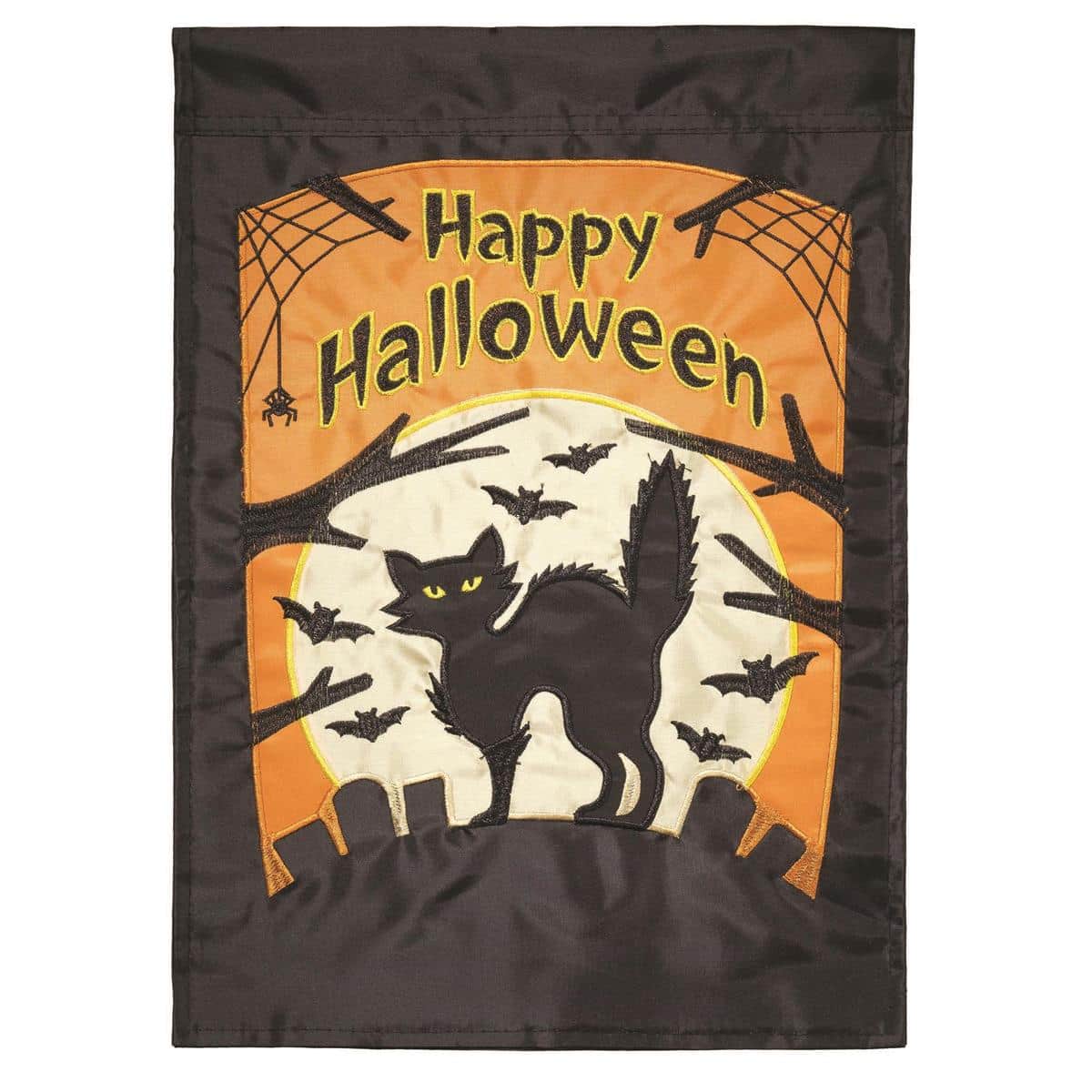 13x18 double applique garden flag depicting a black cat silhouette among pumpkins, bats, and moon for Halloween porch or yard display.