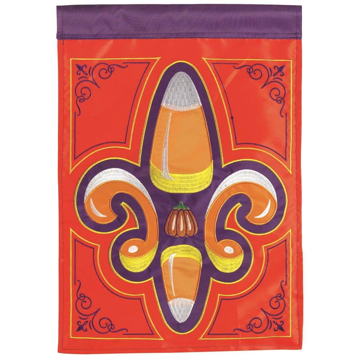 13x18 garden flag showing a Halloween-themed fleur-de-lis with pumpkins, bats, ornate filigree, and Louisiana-inspired accents in black, orange, and purple