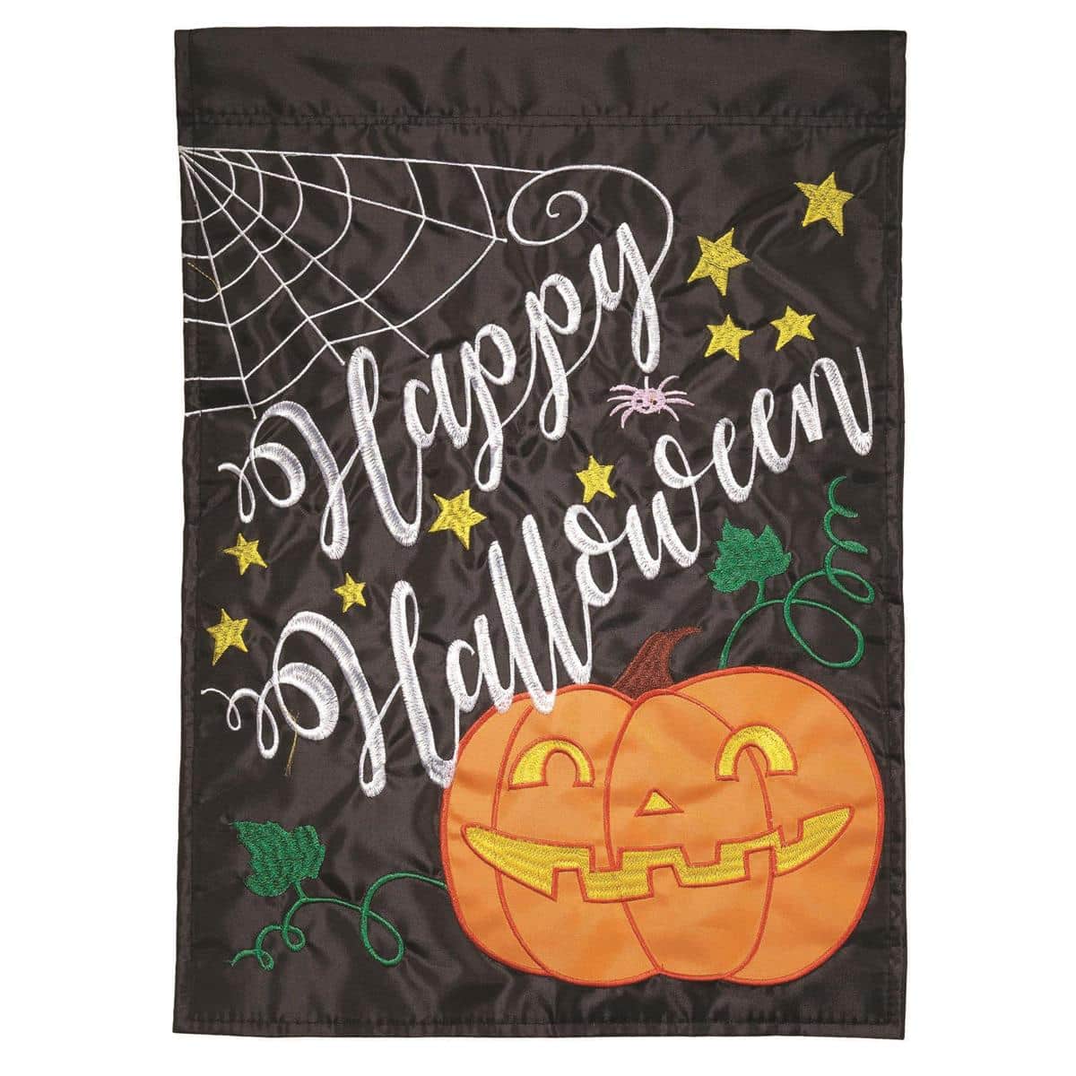 13x18 Halloween garden flag with double-applique smiling jack-o-lantern on dark background shown mounted on a standard garden flag pole for porch or yard display