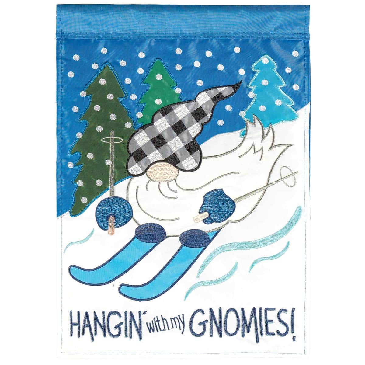 Winter garden flag featuring three whimsical gnomes in scarves and hats, double applique detail on a 13 by 18 inch durable outdoor fabric, ideal for porch or planter display.