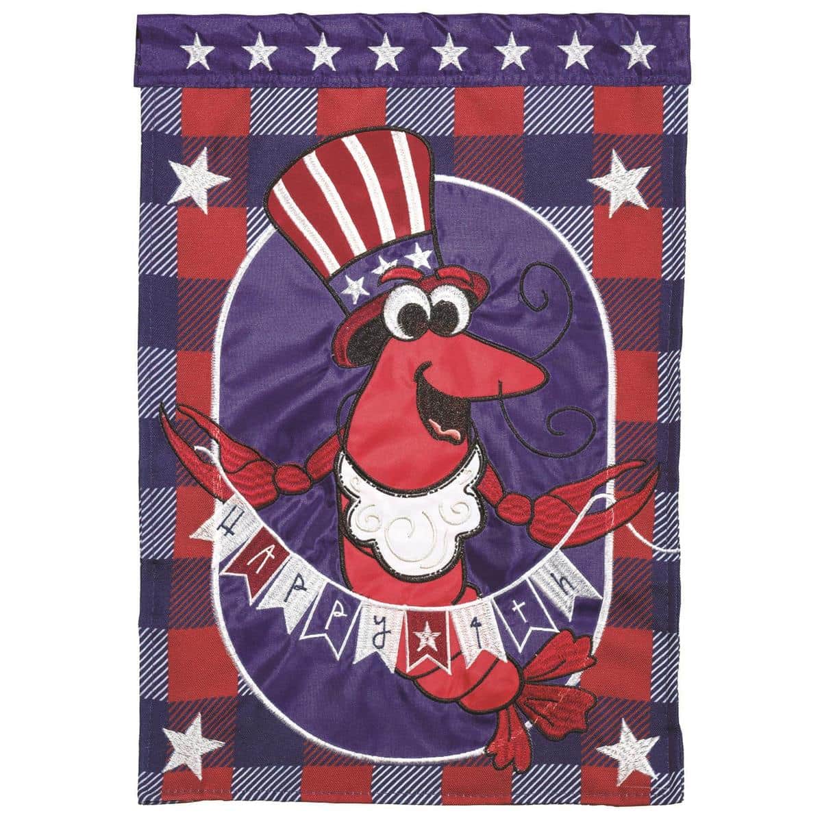 13x18 garden flag with a textured double-applique-plus patriotic crawfish design reading "Happy 4th", vivid red white and blue colors, and reinforced sleeve for standard garden flag poles.
