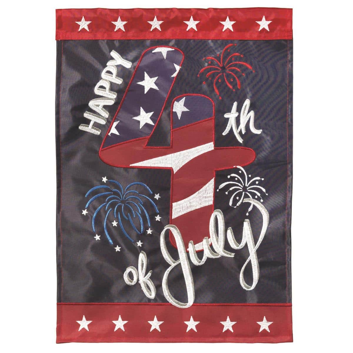 Large patriotic Happy 4th Of July double applique burlap house flag 29 x 42 with layered stars, stripes, and pole sleeve for outdoor home display