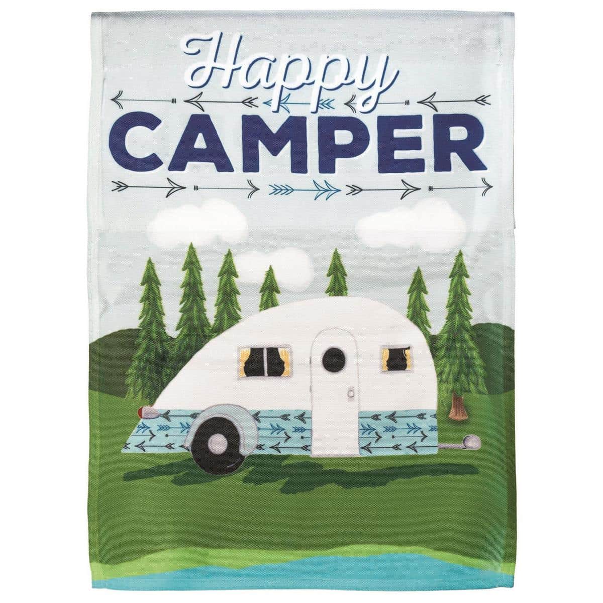 30x44 Happy Camper By Lake printed banner flag showing a retro camper beside a lake with pine trees and a warm sunset sky, ideal for porches, cabins, and campsites.