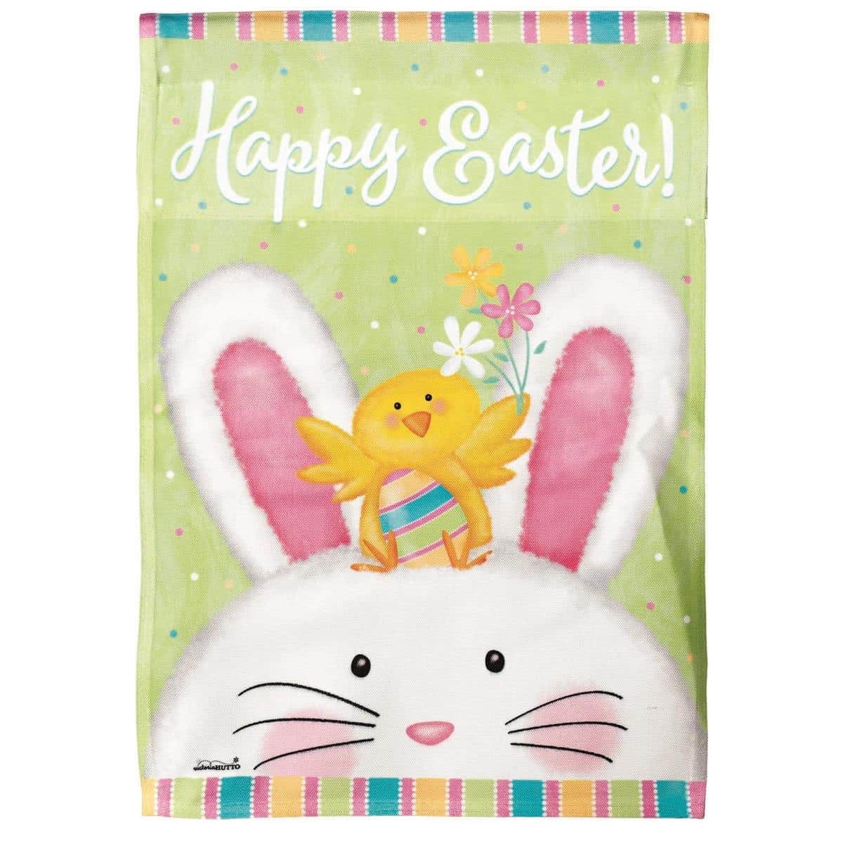13x18 Happy Easter garden flag with joyful bunny and yellow chick printed on durable polyester for porch, yard, or garden display.
